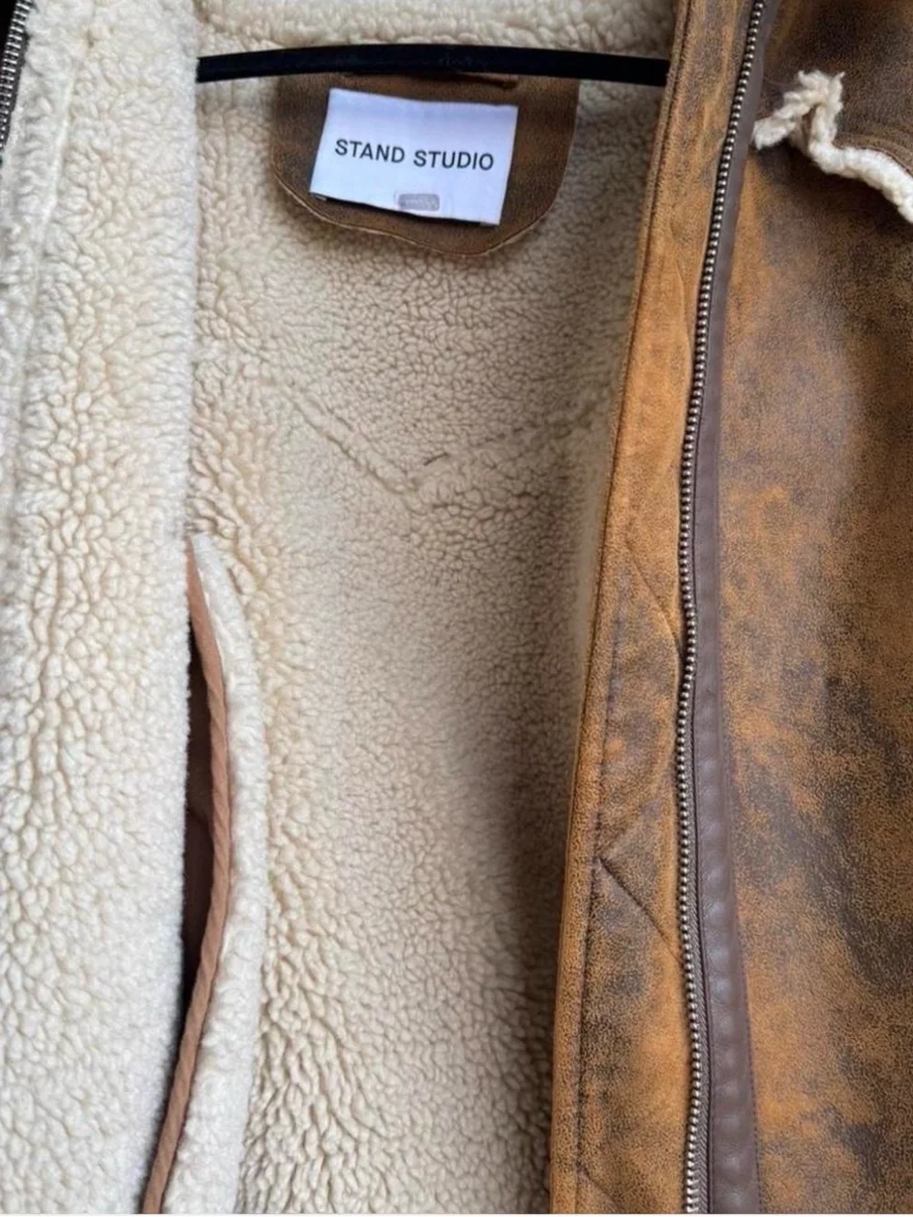 Stand Studio Brown Leather Aviator Jacket with Cream Shearling